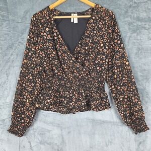 Womens Top Medium Black Floral Wrap Babydoll Bloomcore Smocked Cottage Boho Crop